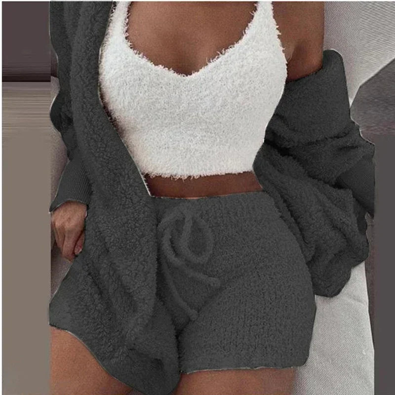 2024 New Winter Women Velvet Pajamas Set Sexy V Neck Crop Top+Shorts+Cardigans Coat 3 Pieces Suit Warm Thick Homewear Outfit 3XL