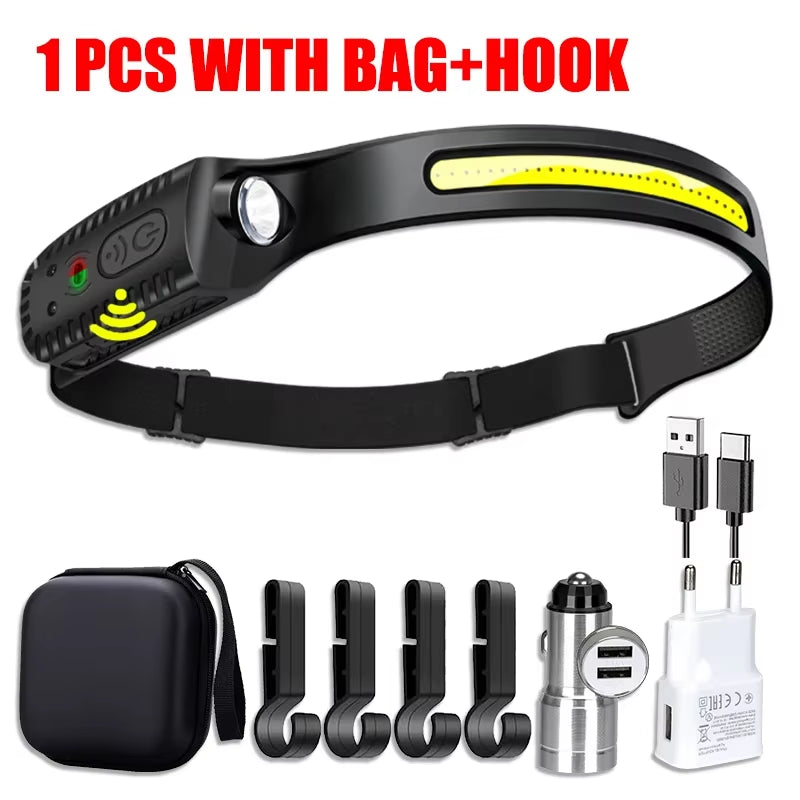 USB Rechargeable LED Sensor Headlamp XPE+COB Headlight Led Head Torch Camping Search Light Head Flashlight for Fishing Lantern